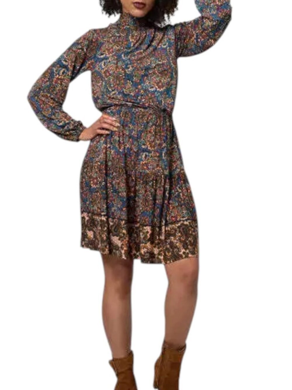 Leota Teal Blue Paisley Smocked Ruffle Neck Long Sleeve Tiered Dress - Picture 2 of 12
